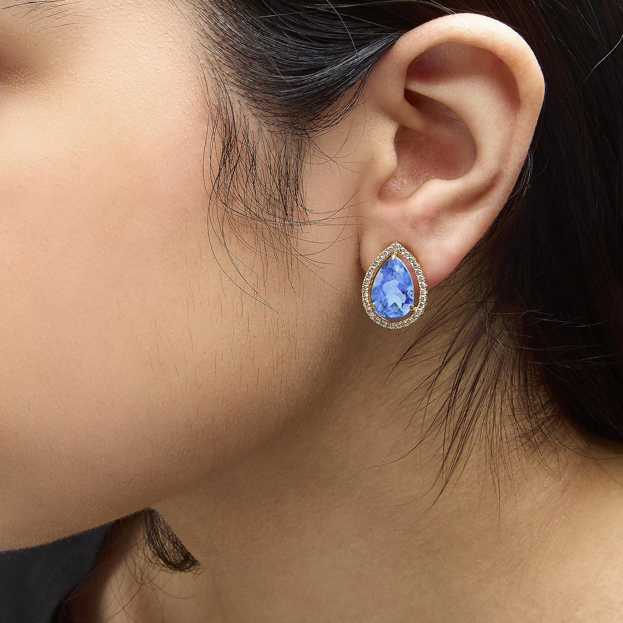 18K Yellow Gold 9x13 MM Blue Flourite Pear Halo Stud Earrings 1/2 Cttw Diamond