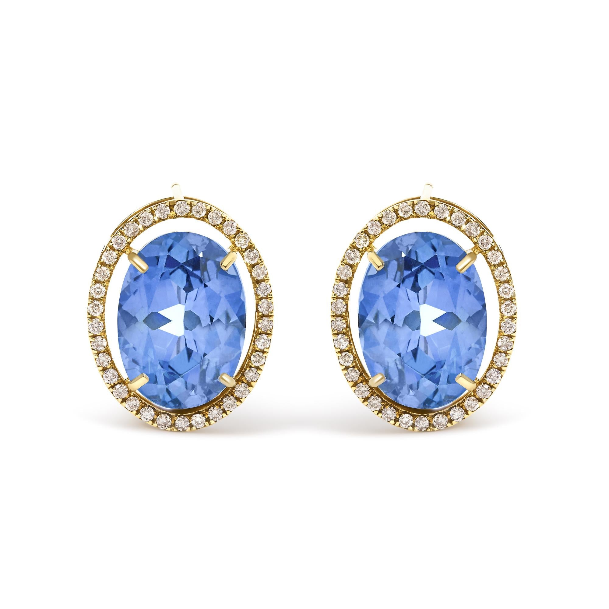 18K Yellow Gold 11x14MM Blue Fluorite Oval Stud Earrings with 1/2 Cttw Diamond Halo