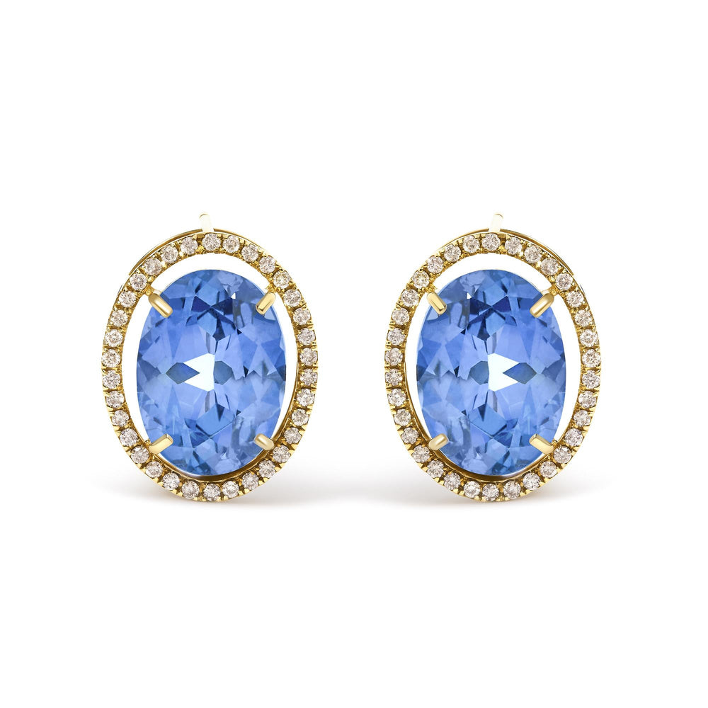 18K Yellow Gold 11x14MM Blue Fluorite Oval Stud Earrings with 1/2 Cttw Diamond Halo