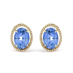 18K Yellow Gold 11x14MM Blue Fluorite Oval Stud Earrings with 1/2 Cttw Diamond Halo