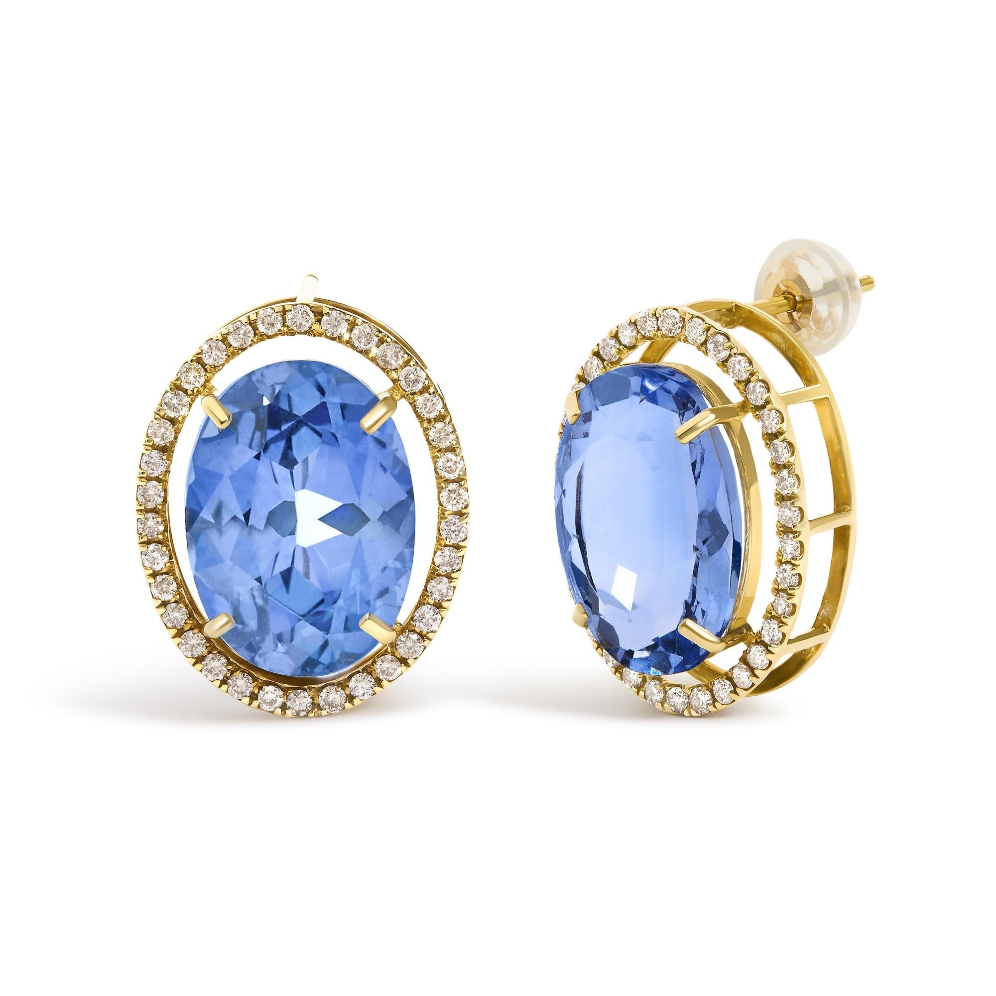 18K Yellow Gold 11x14MM Blue Fluorite Oval Stud Earrings with 1/2 Cttw Diamond Halo