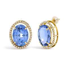 18K Yellow Gold 11x14MM Blue Fluorite Oval Stud Earrings with 1/2 Cttw Diamond Halo