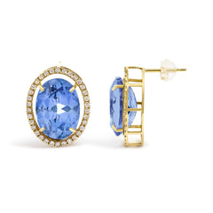 18K Yellow Gold 11x14MM Blue Fluorite Oval Stud Earrings with 1/2 Cttw Diamond Halo
