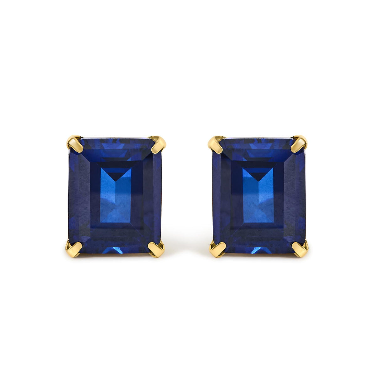 18K Yellow Gold 10x8 MM Lab Created Blue Sapphire Emerald Cut Solitaire Stud Earrings