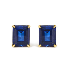 18K Yellow Gold 10x8 MM Lab Created Blue Sapphire Emerald Cut Solitaire Stud Earrings
