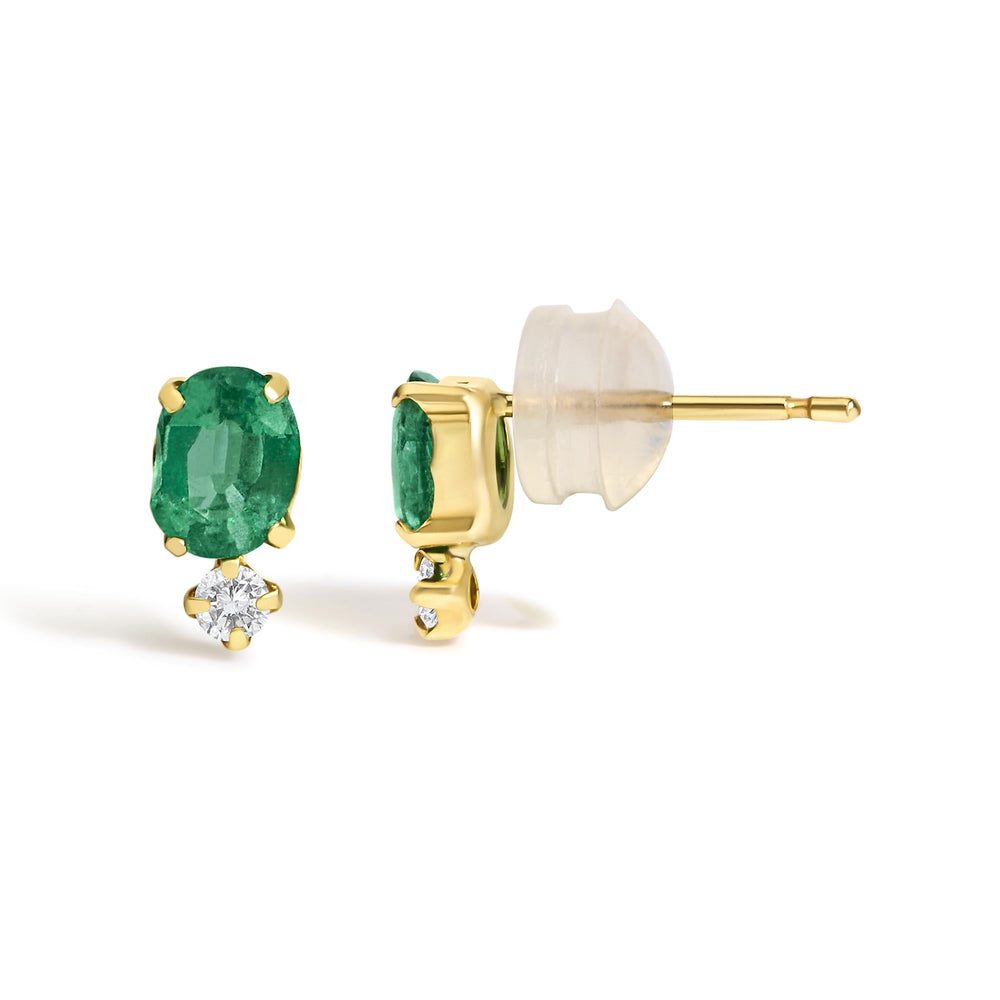 18K Yellow Gold Oval Green Emerald and Diamond Double Drop Stud Earrings