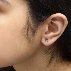 18K Yellow Gold Oval Green Emerald and Diamond Double Drop Stud Earrings