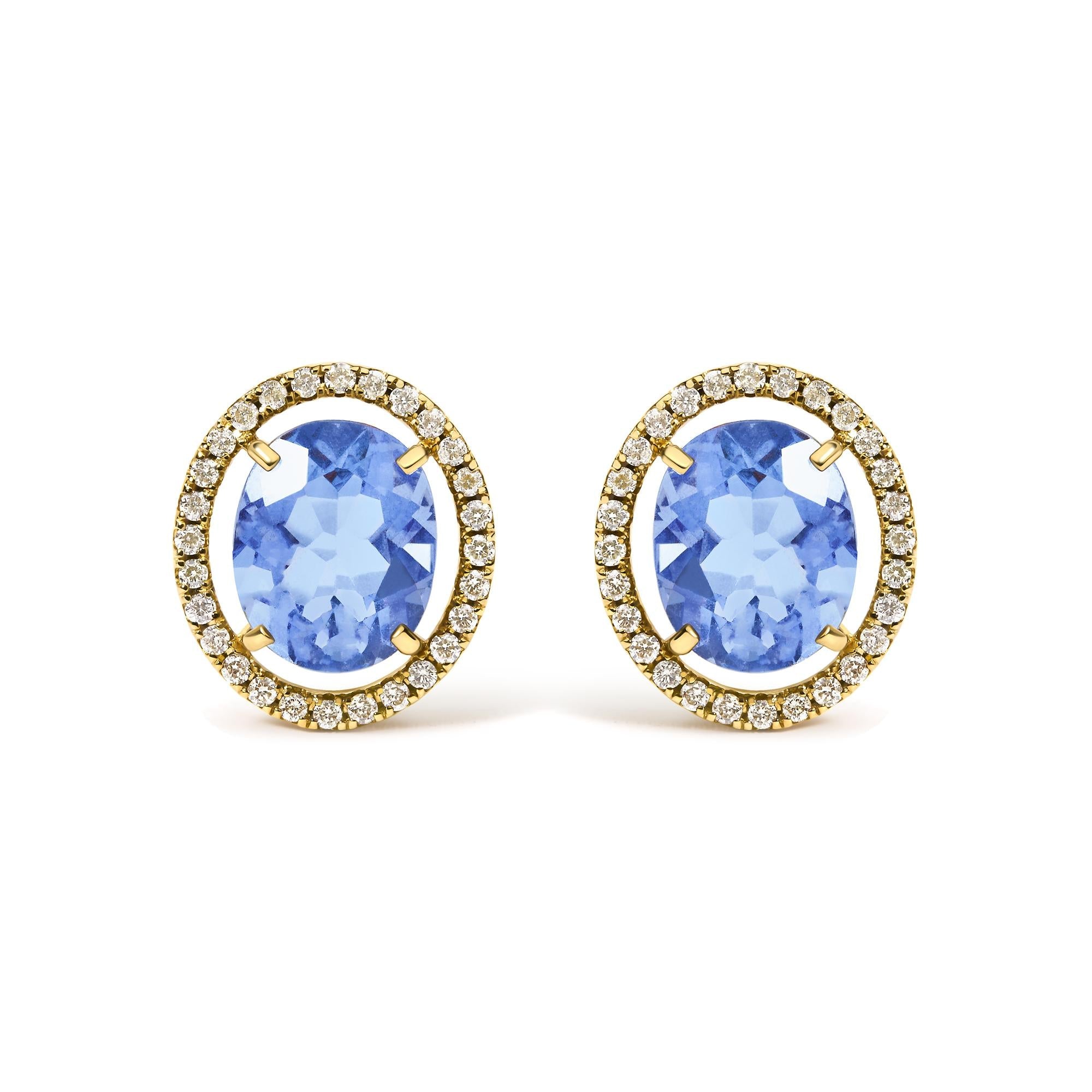 18K Yellow Gold 8X10 MM Blue Fluorite Oval and 1/2 Cttw Diamond Halo Stud Earrings