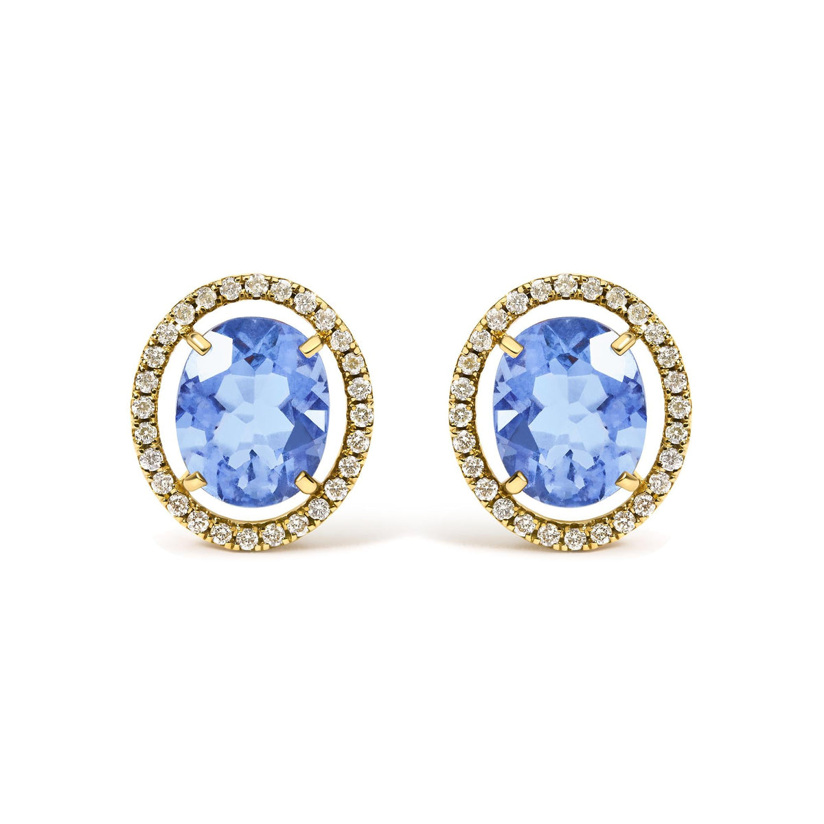 18K Yellow Gold 8X10 MM Blue Fluorite Oval and 1/2 Cttw Diamond Halo Stud Earrings
