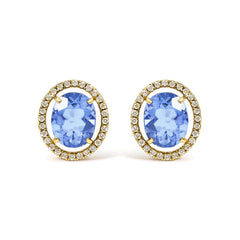 18K Yellow Gold 8X10 MM Blue Fluorite Oval and 1/2 Cttw Diamond Halo Stud Earrings