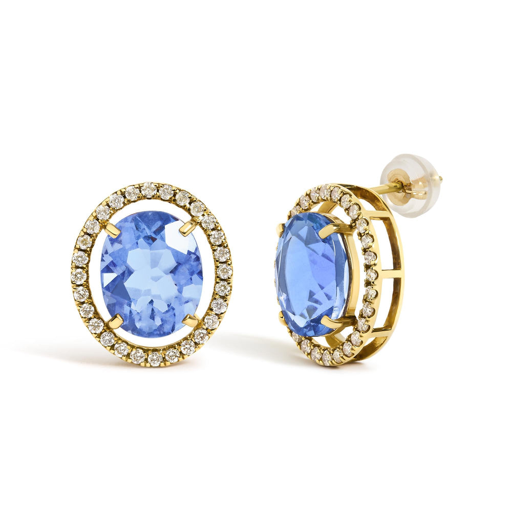 18K Yellow Gold 8X10 MM Blue Fluorite Oval and 1/2 Cttw Diamond Halo Stud Earrings
