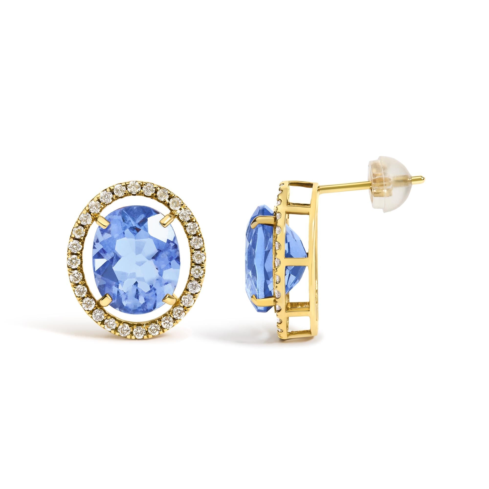 18K Yellow Gold 8X10 MM Blue Fluorite Oval and 1/2 Cttw Diamond Halo Stud Earrings