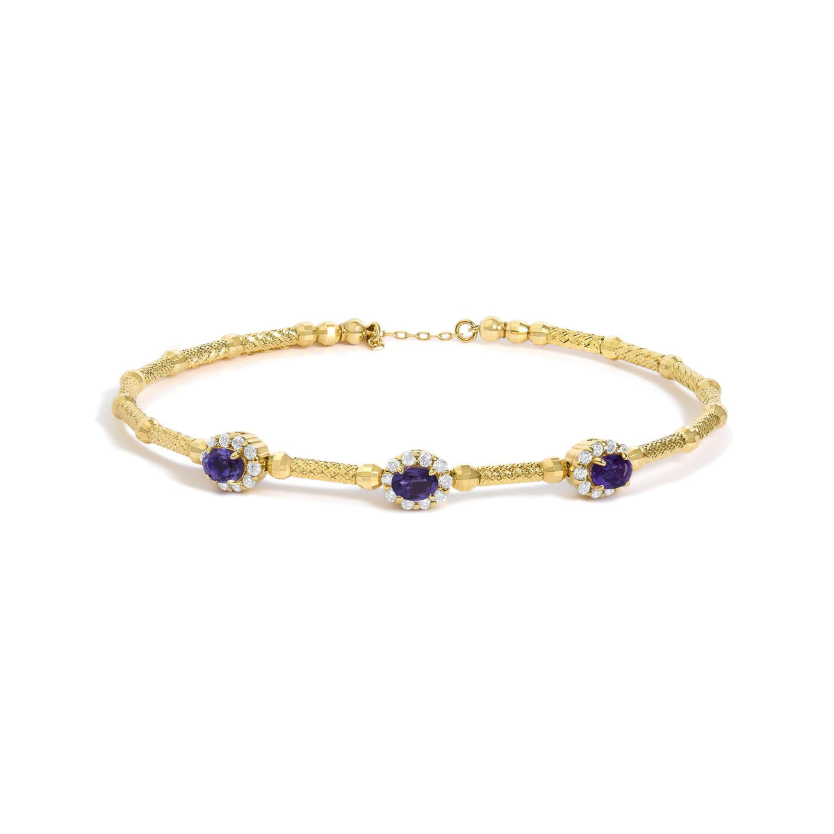 18K Yellow Gold Purple Amethyst and 1/3 Cttw Diamond Halo Station Bracelet