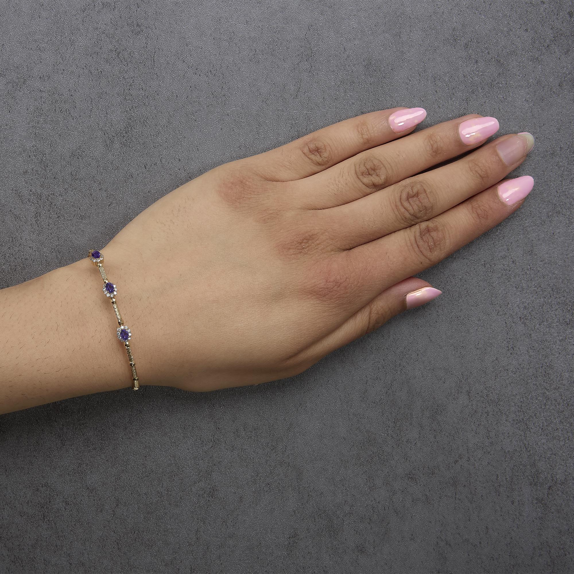 18K Yellow Gold Purple Amethyst and 1/3 Cttw Diamond Halo Station Bracelet