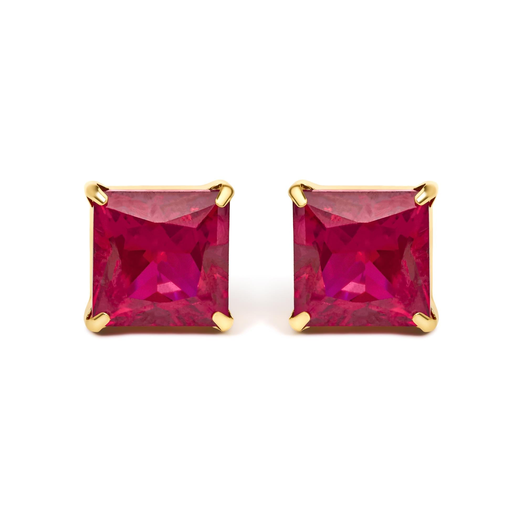 18K Yellow Gold 7x7 MM Created Red Ruby Princess Cut Solitaire Stud Earrings