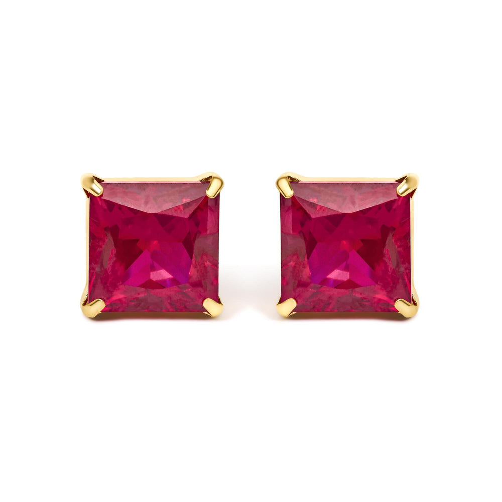 18K Yellow Gold 7x7 MM Created Red Ruby Princess Cut Solitaire Stud Earrings