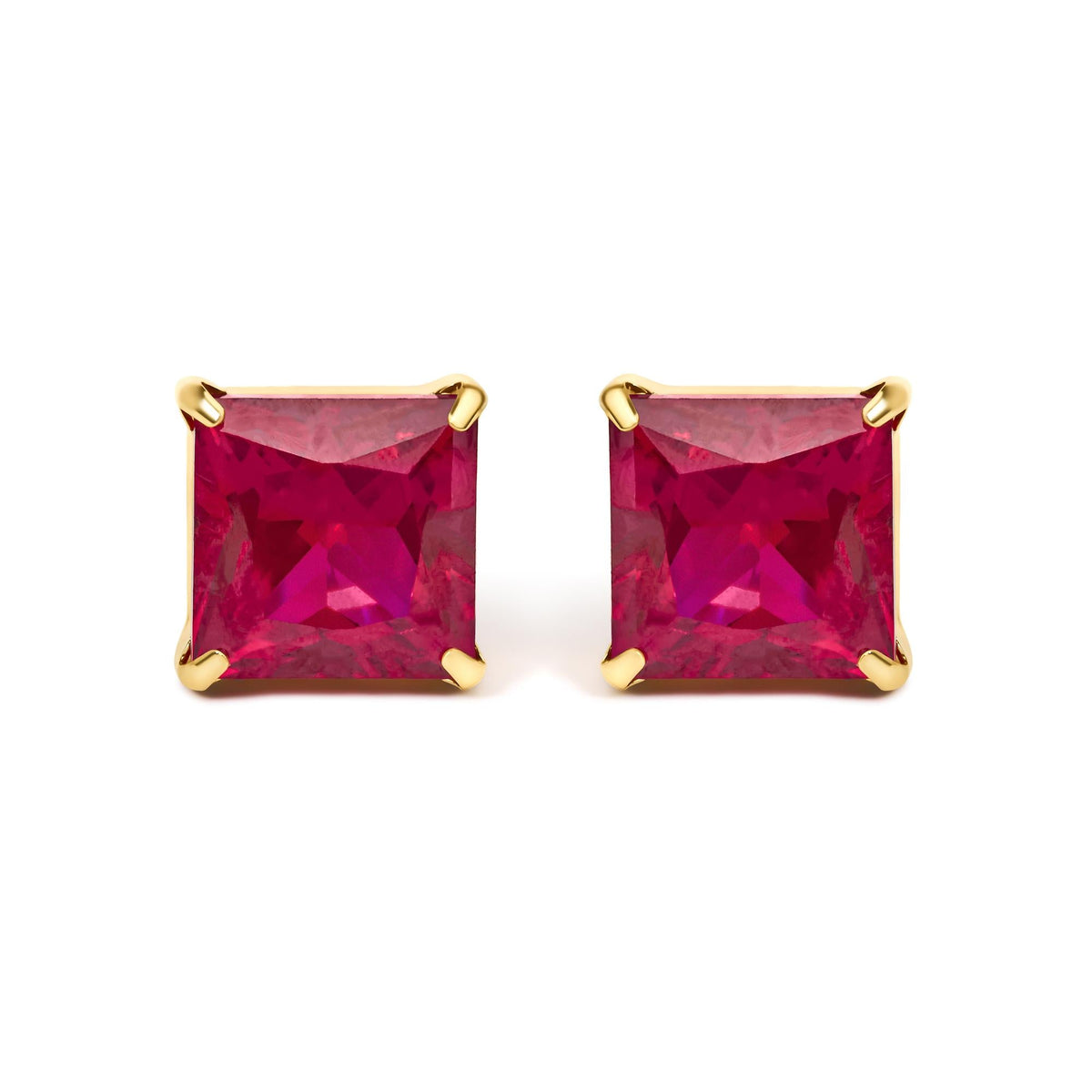 18K Yellow Gold 7x7 MM Created Red Ruby Princess Cut Solitaire Stud Earrings