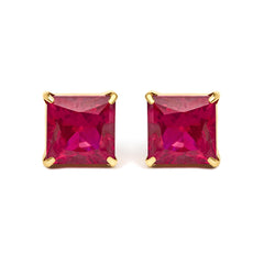 18K Yellow Gold 7x7 MM Created Red Ruby Princess Cut Solitaire Stud Earrings