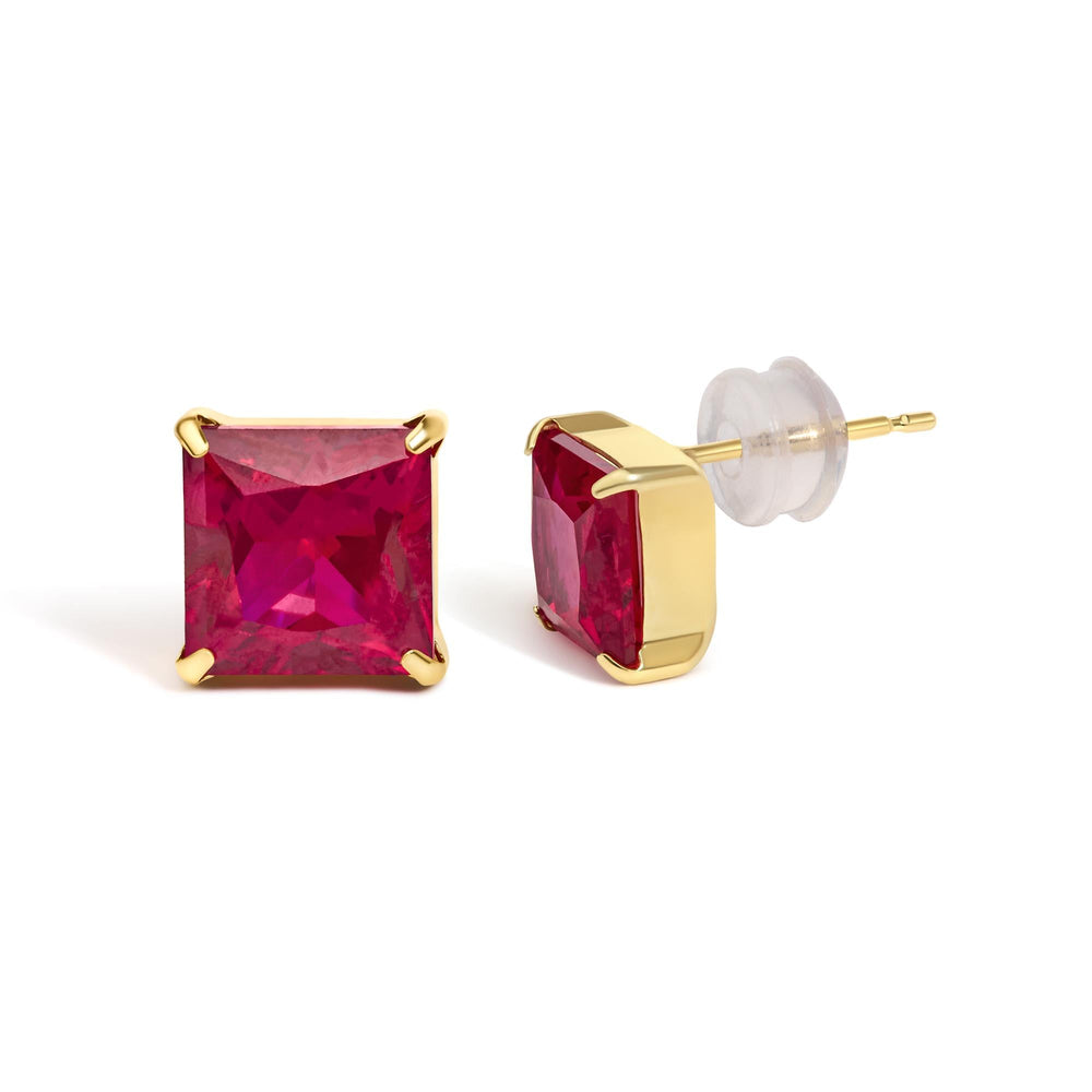 18K Yellow Gold 7x7 MM Created Red Ruby Princess Cut Solitaire Stud Earrings