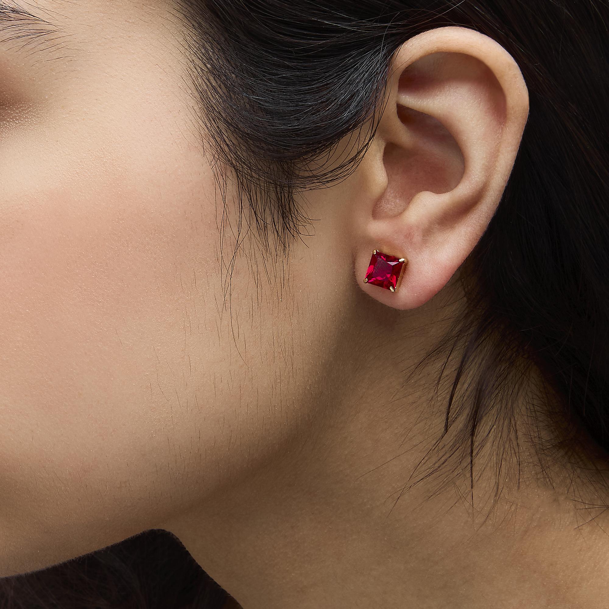 18K Yellow Gold 7x7 MM Created Red Ruby Princess Cut Solitaire Stud Earrings