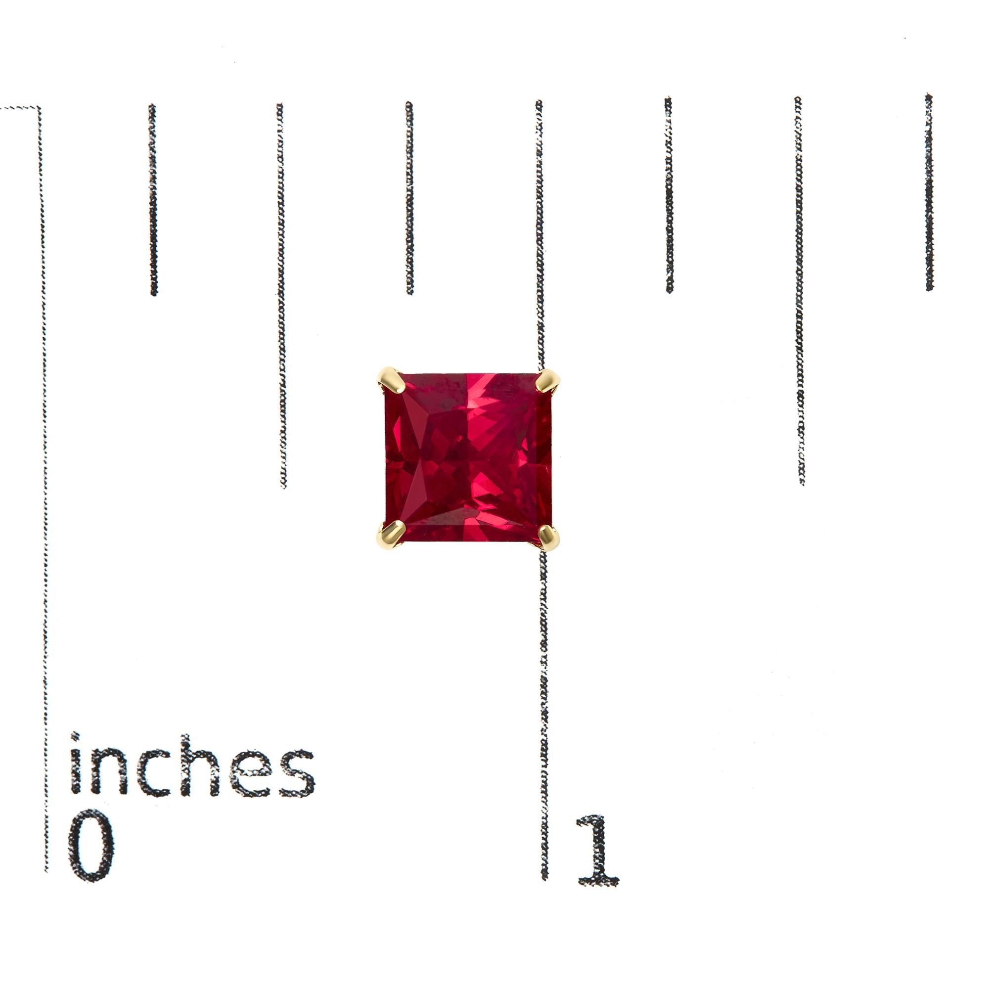 18K Yellow Gold 7x7 MM Created Red Ruby Princess Cut Solitaire Stud Earrings