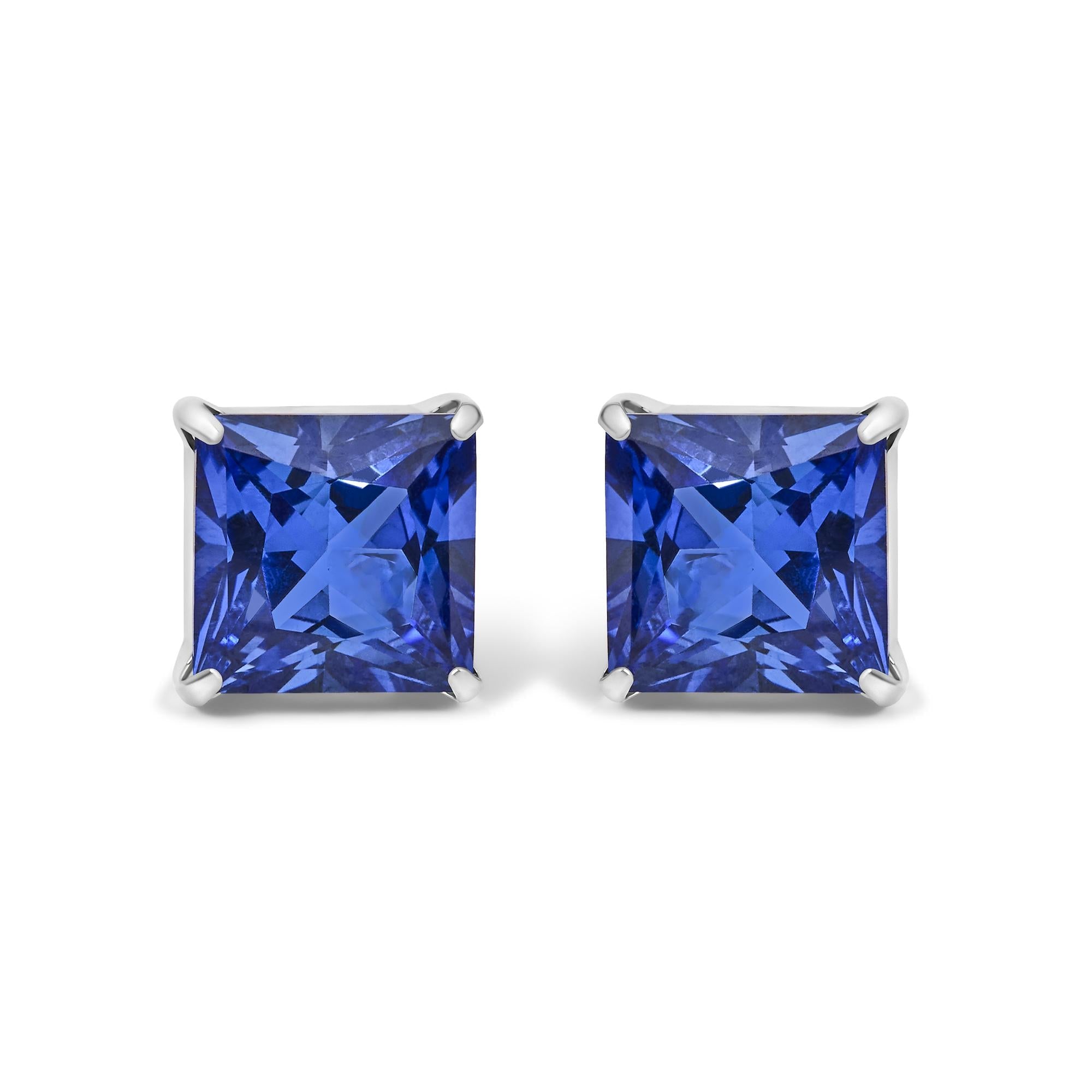 Platinum 7x7 Lab Created Blue Sapphire Princess Cut Solitaire Stud Earrings