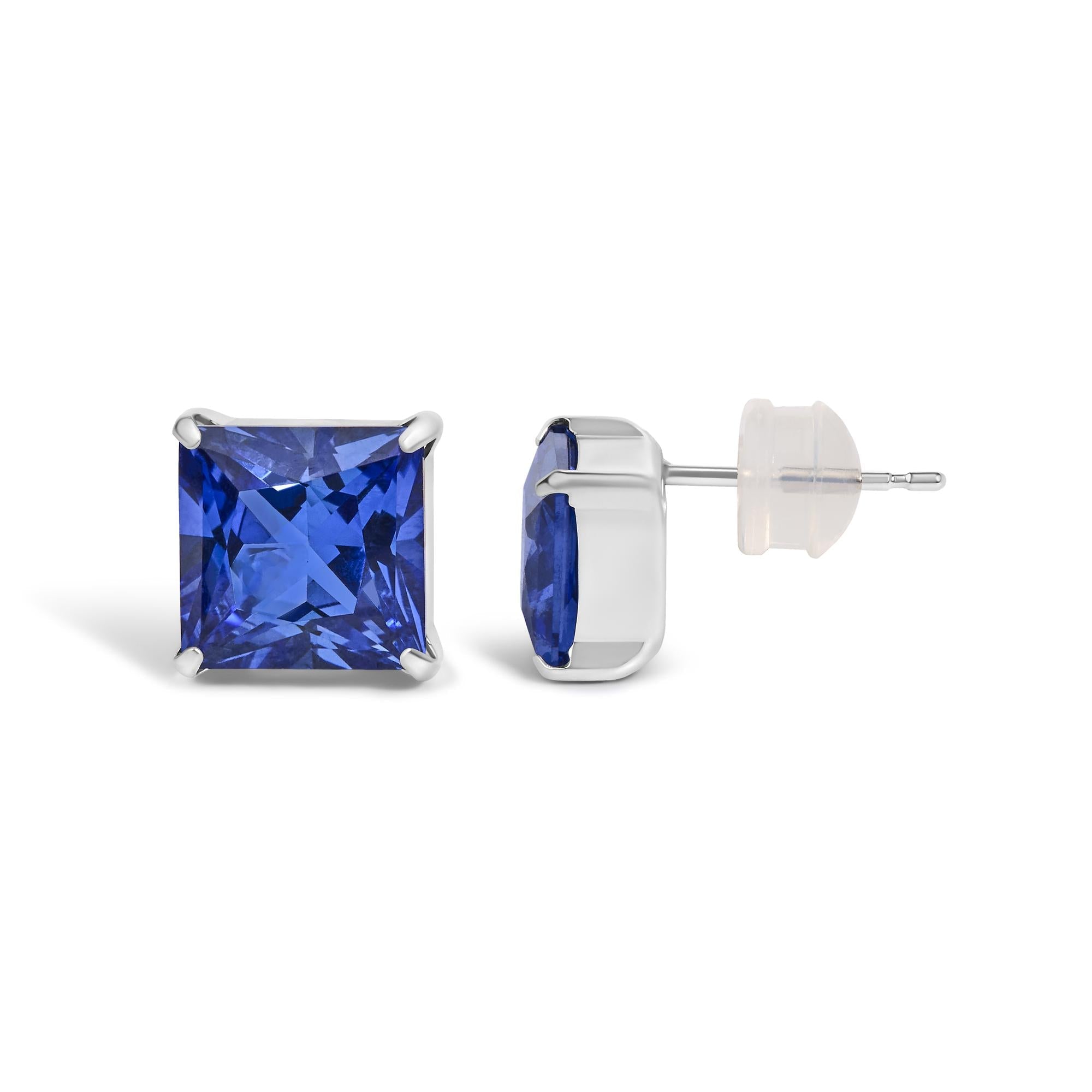 Platinum 7x7 Lab Created Blue Sapphire Princess Cut Solitaire Stud Earrings