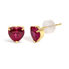 18K Yellow Gold 6x6 MM Created Red Ruby Heart Solitaire Stud Earrings