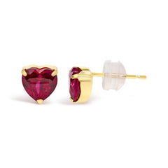 18K Yellow Gold 6x6 MM Created Red Ruby Heart Solitaire Stud Earrings