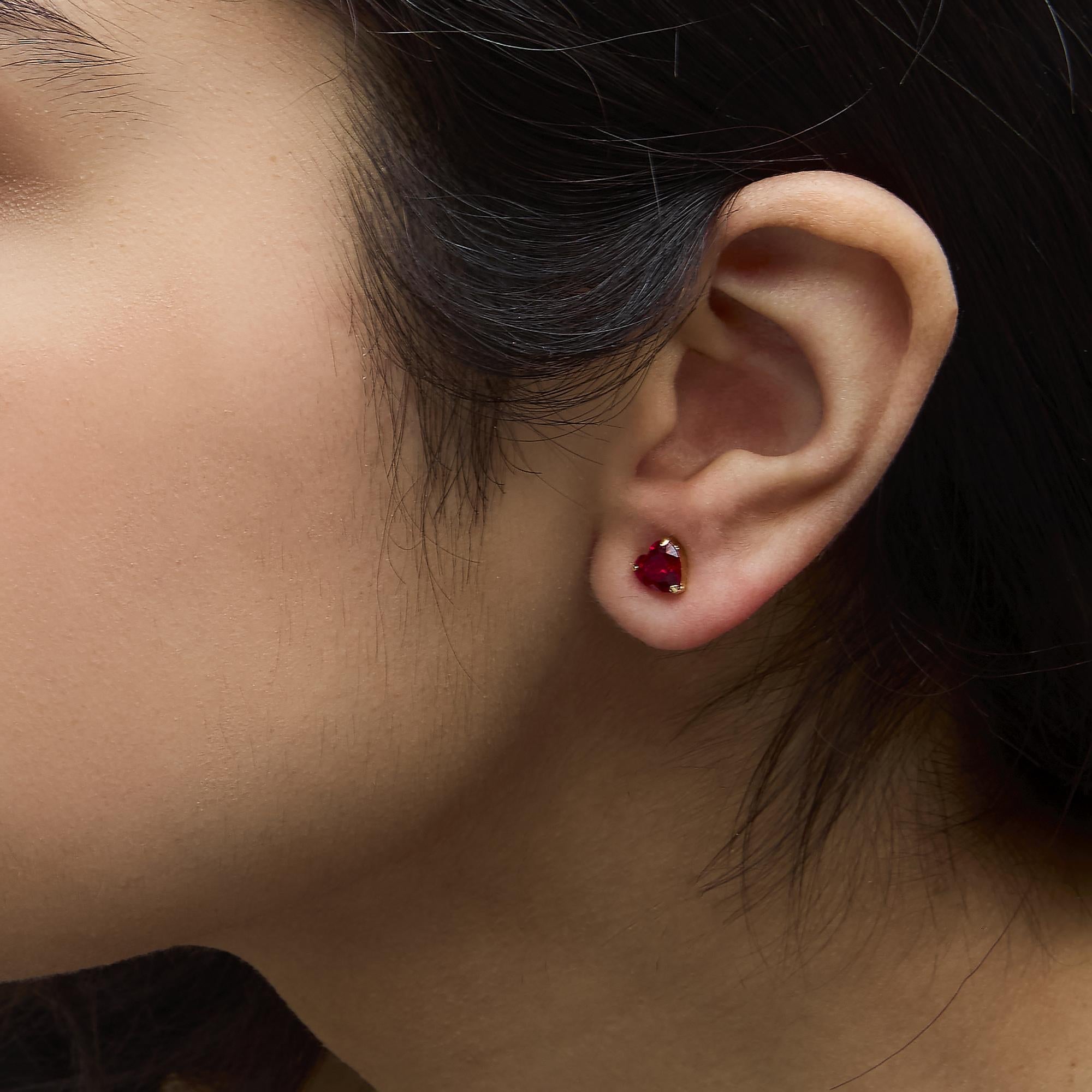 18K Yellow Gold 6x6 MM Created Red Ruby Heart Solitaire Stud Earrings