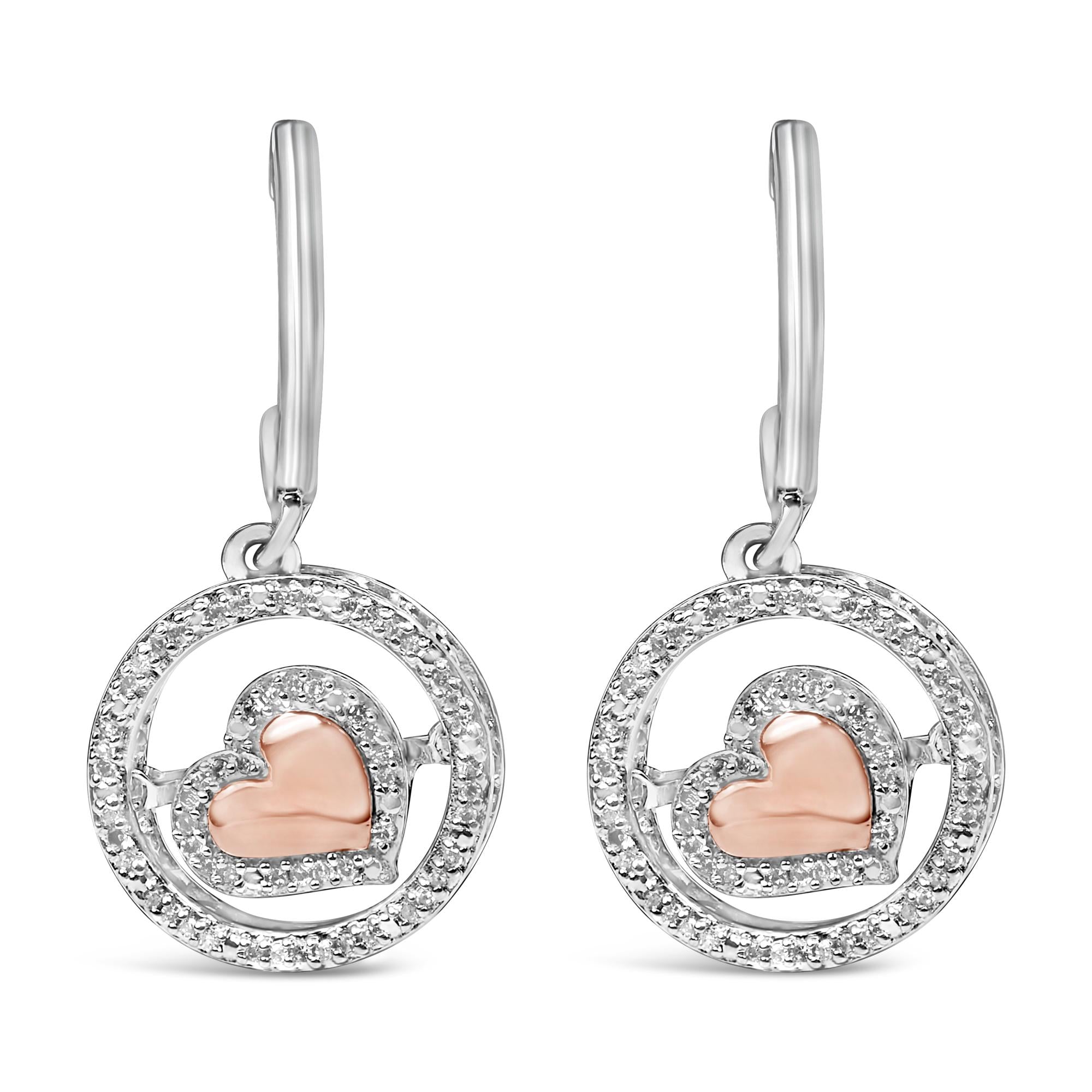 14K Rose Gold Plated .925 Sterling Silver 1/5 Cttw Diamond Circle and Heart Drop Earrings