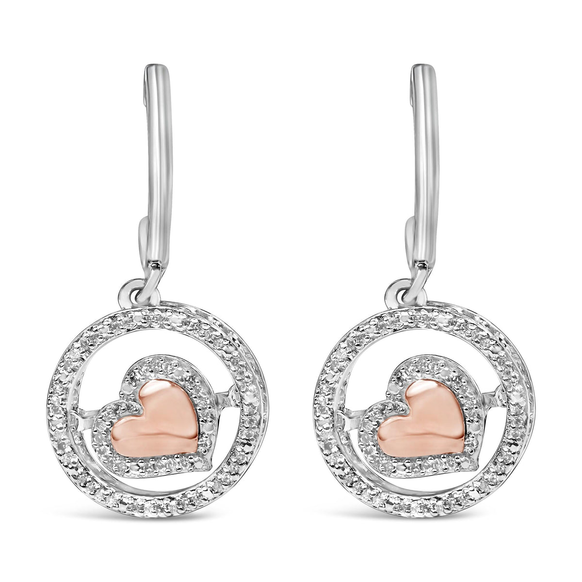 14K Rose Gold Plated .925 Sterling Silver 1/5 Cttw Diamond Circle and Heart Drop Earrings