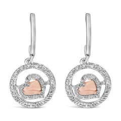 14K Rose Gold Plated .925 Sterling Silver 1/5 Cttw Diamond Circle and Heart Drop Earrings