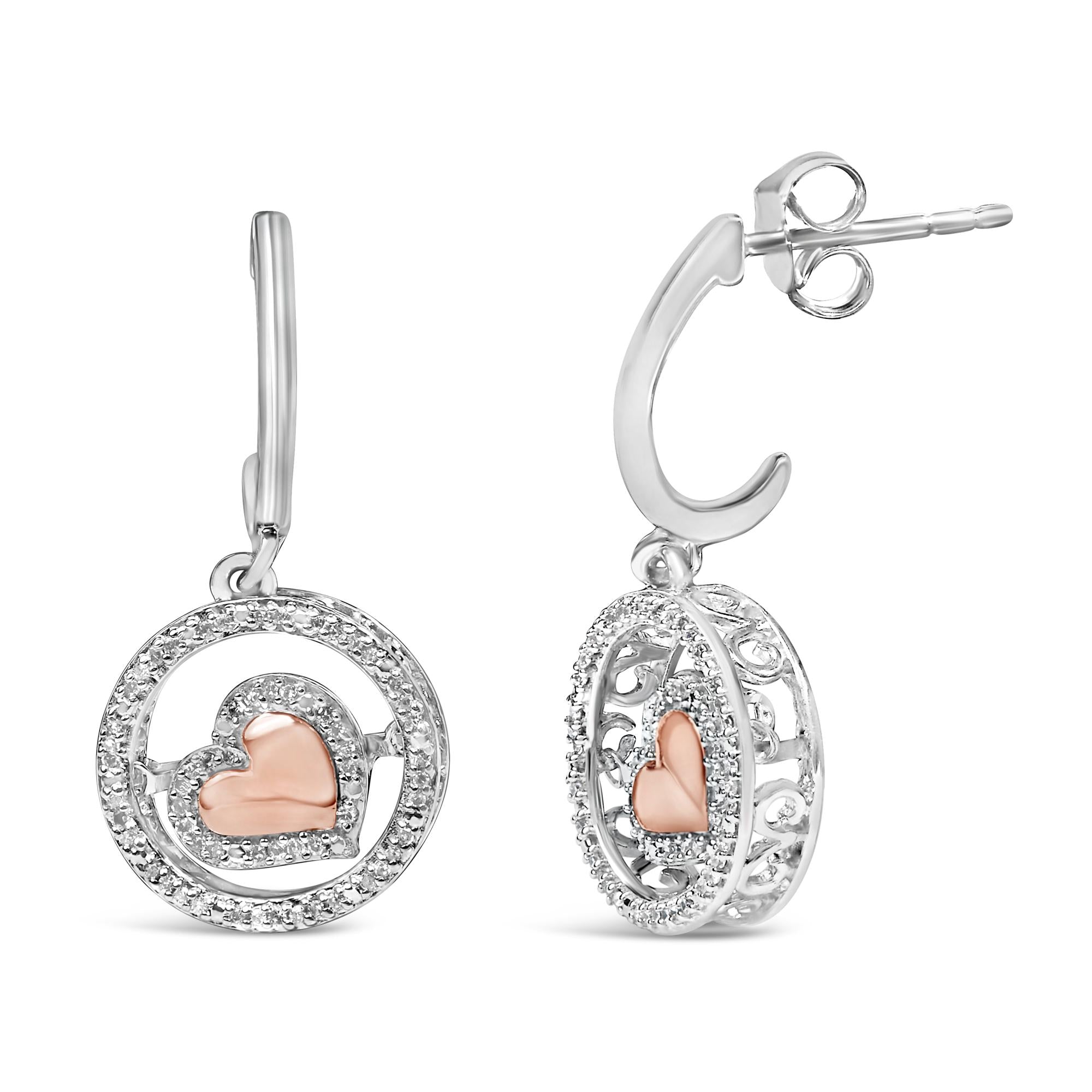 14K Rose Gold Plated .925 Sterling Silver 1/5 Cttw Diamond Circle and Heart Drop Earrings