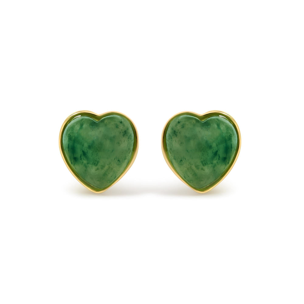 18K Yellow Gold 9x8 MM Bezel Set Green Jade Heart Stud Earrings