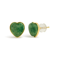 18K Yellow Gold 9x8 MM Bezel Set Green Jade Heart Stud Earrings