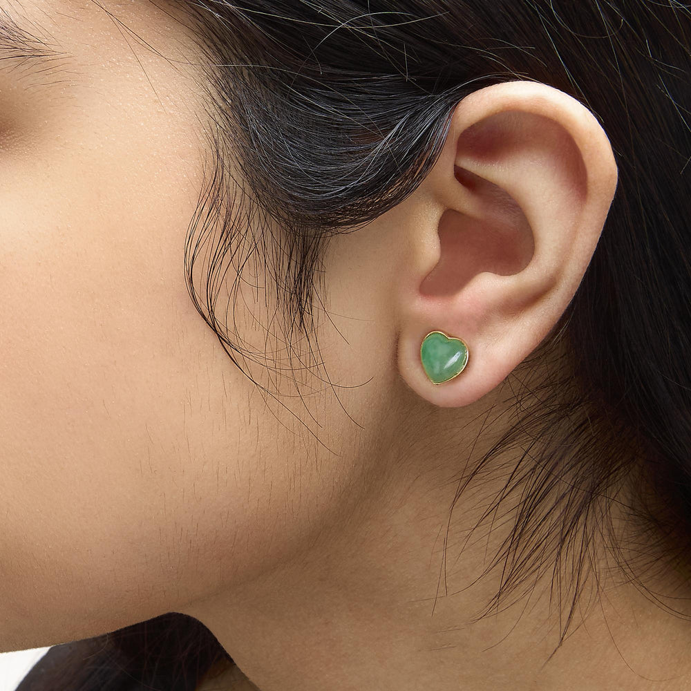 18K Yellow Gold 9x8 MM Bezel Set Green Jade Heart Stud Earrings