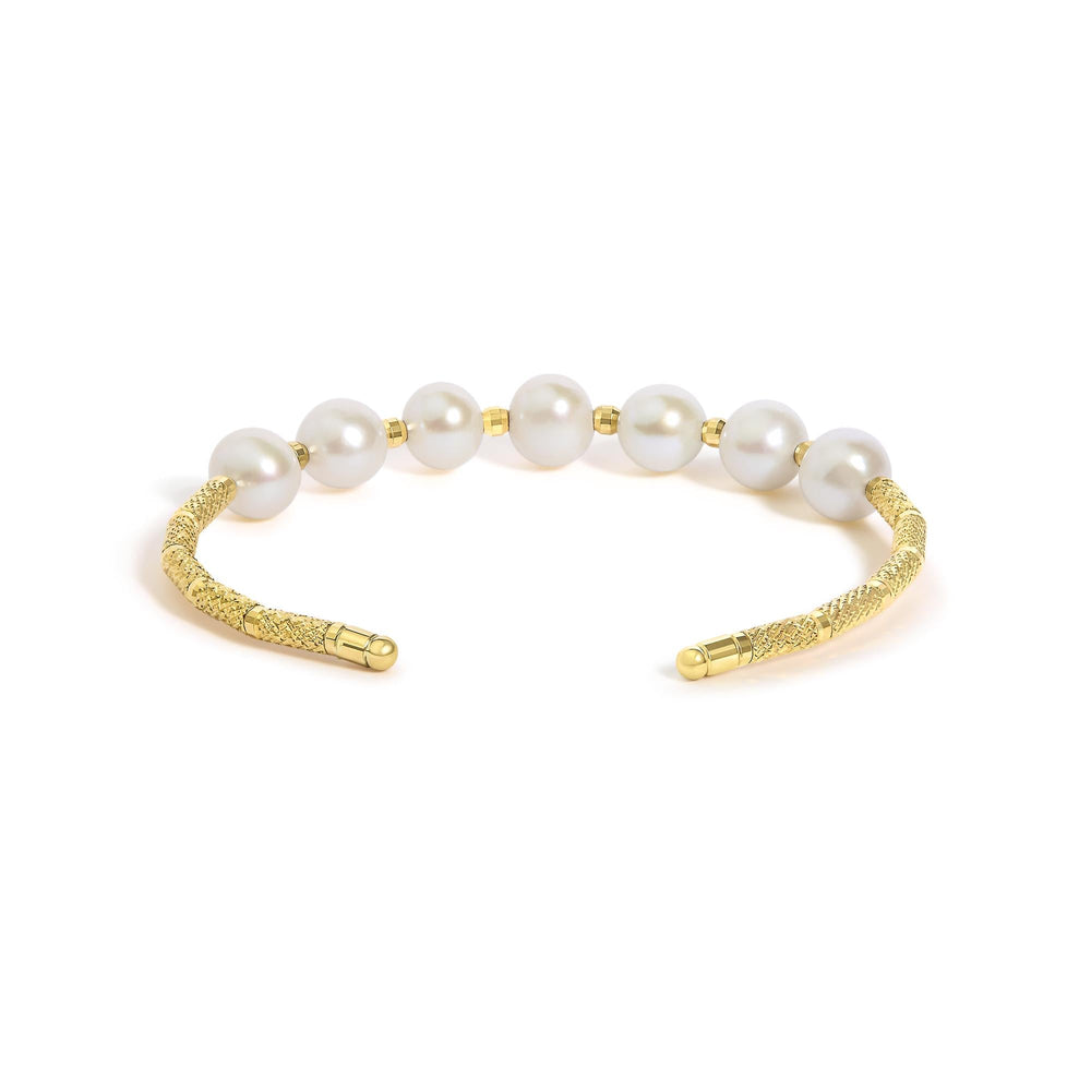 18K Yellow Gold Freshwater Pearl Cuff Bangle Bracelet