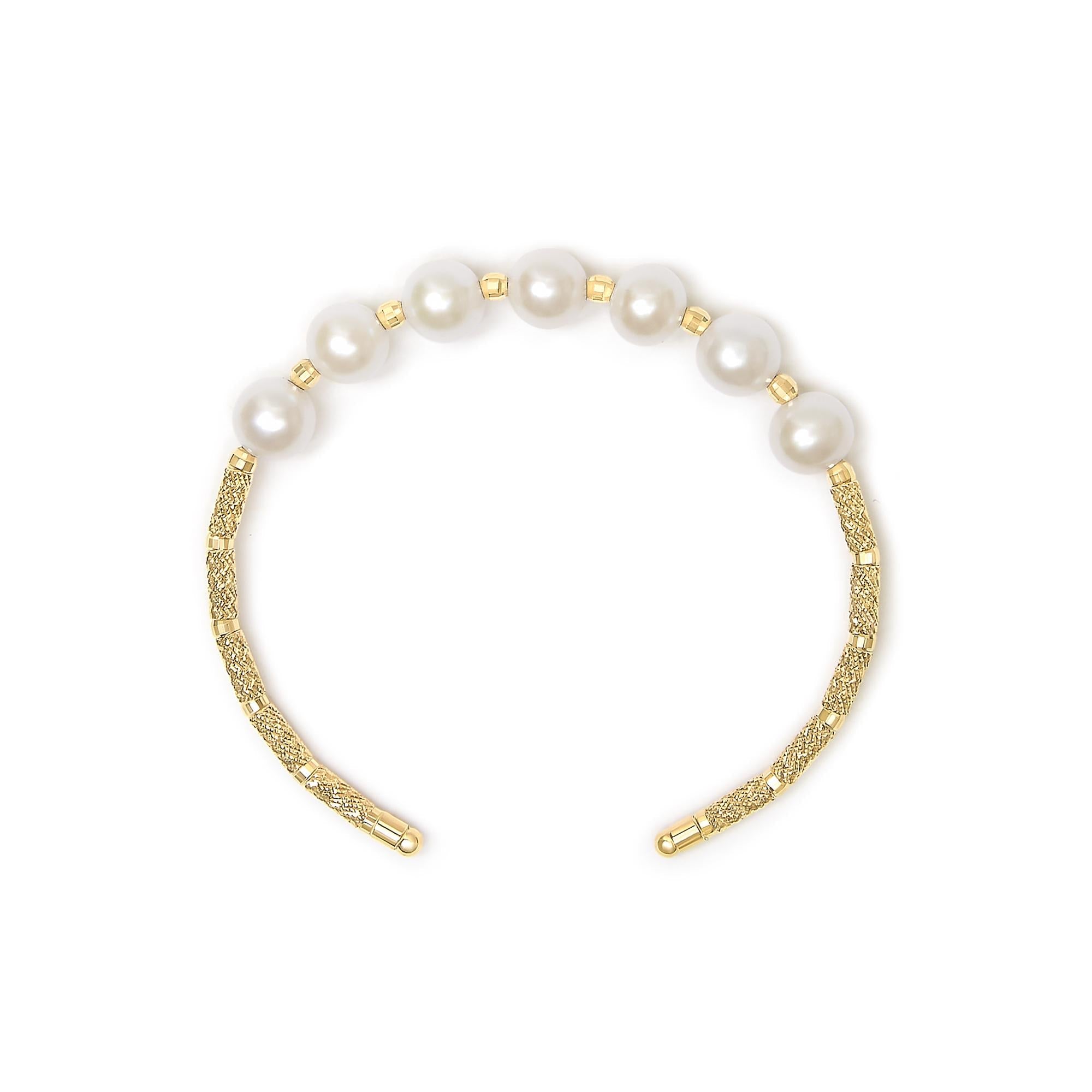 18K Yellow Gold Freshwater Pearl Cuff Bangle Bracelet