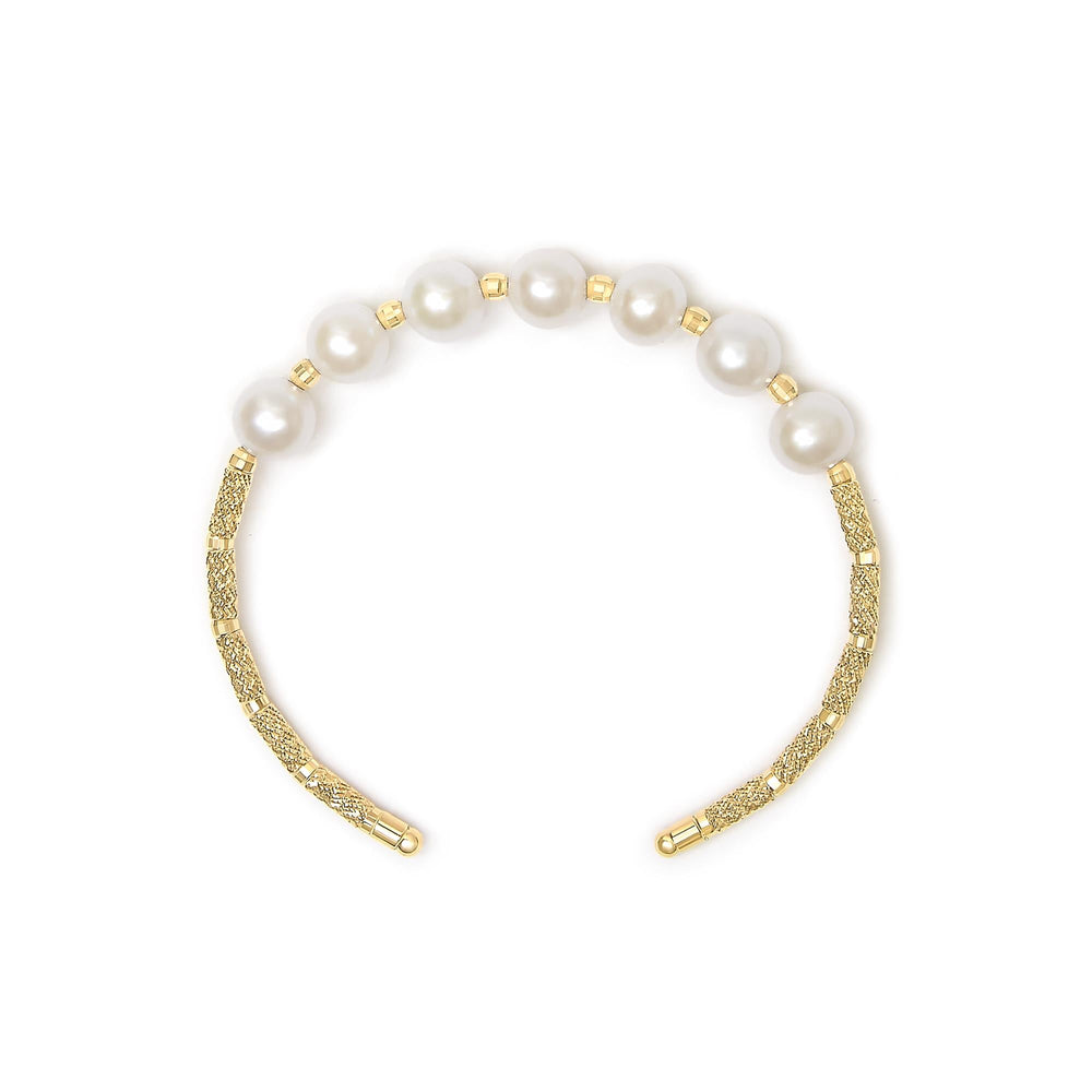18K Yellow Gold Freshwater Pearl Cuff Bangle Bracelet