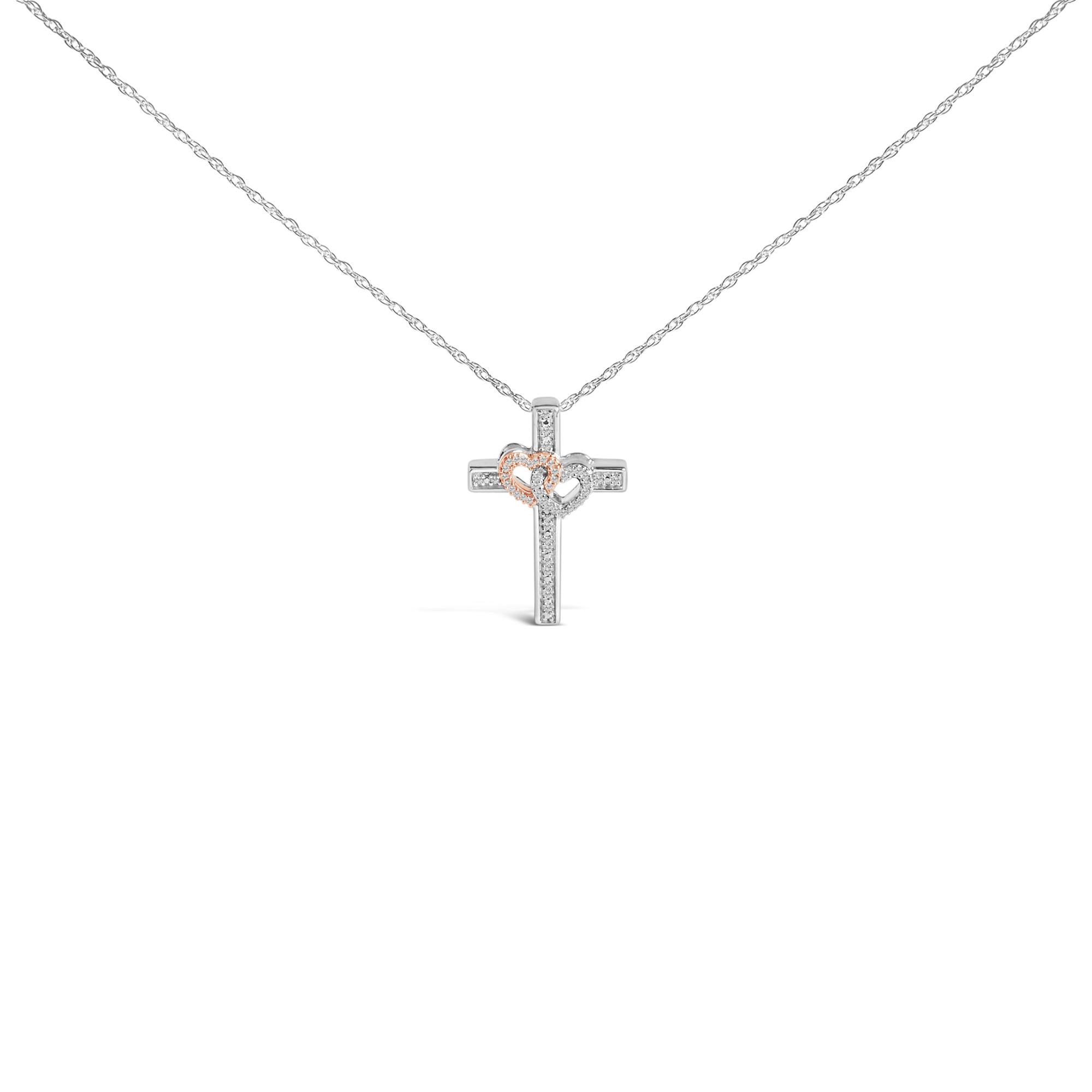 14K Rose Gold Plated Sterling Silver 1/10 Cttw Diamond Cross & Heart Pendant Necklace