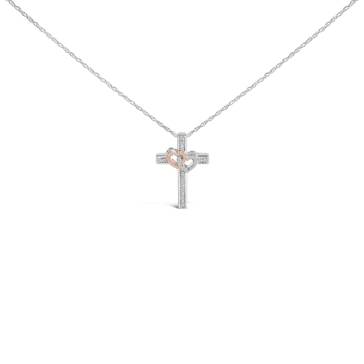 14K Rose Gold Plated Sterling Silver 1/10 Cttw Diamond Cross & Heart Pendant Necklace