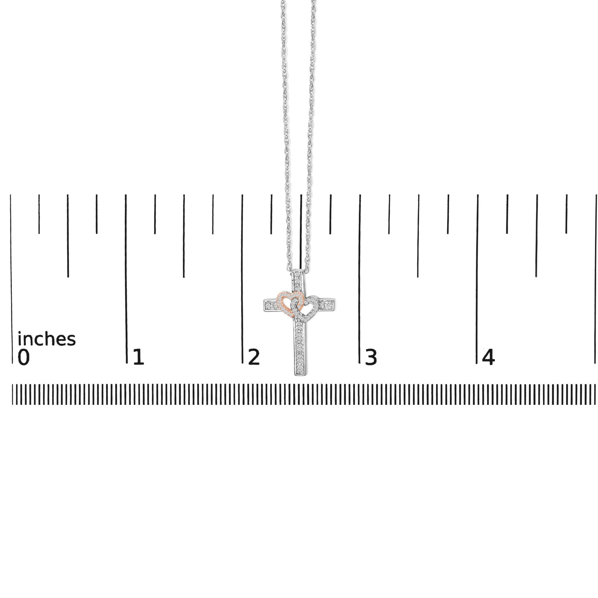 14K Rose Gold Plated Sterling Silver 1/10 Cttw Diamond Cross & Heart Pendant Necklace