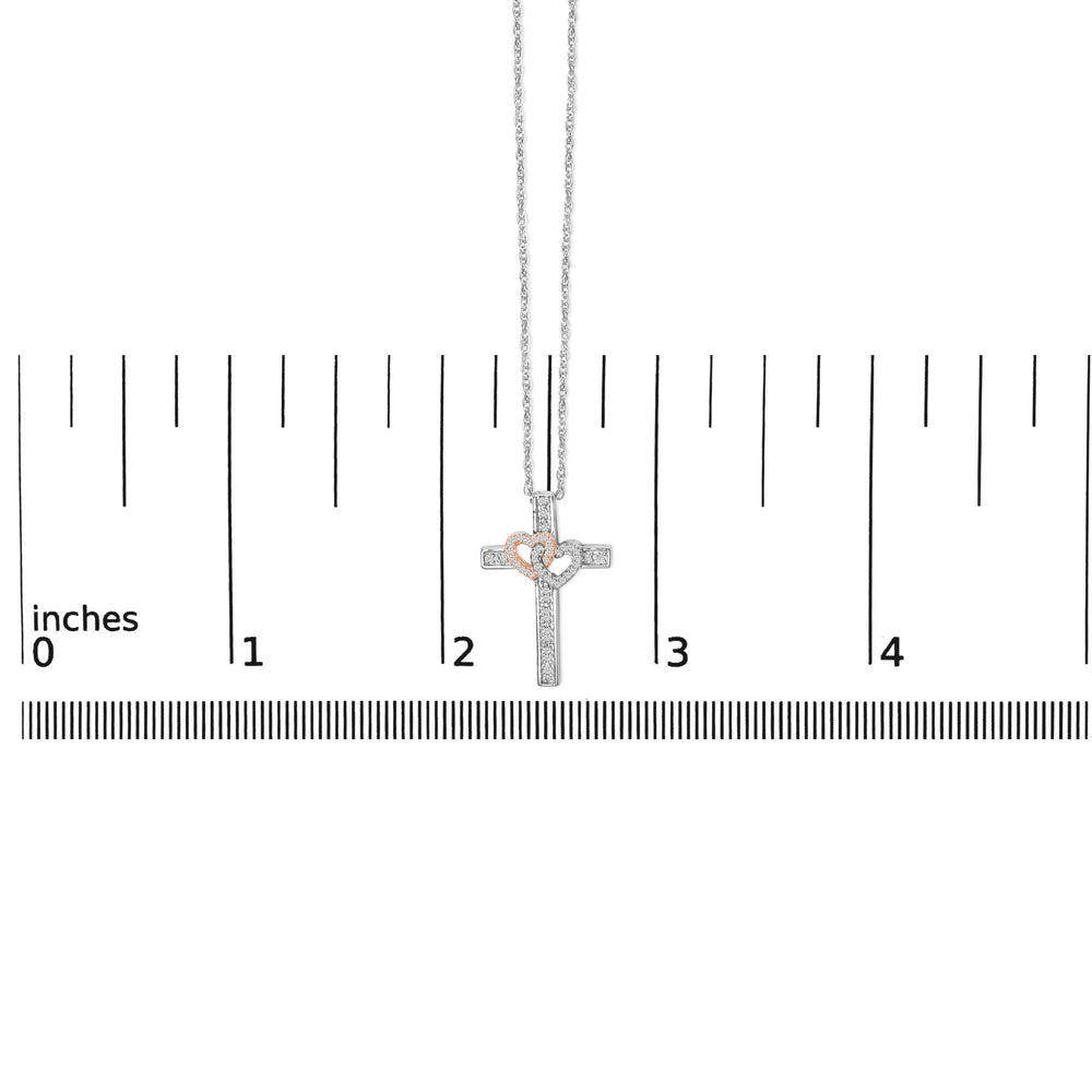 14K Rose Gold Plated Sterling Silver 1/10 Cttw Diamond Cross & Heart Pendant Necklace