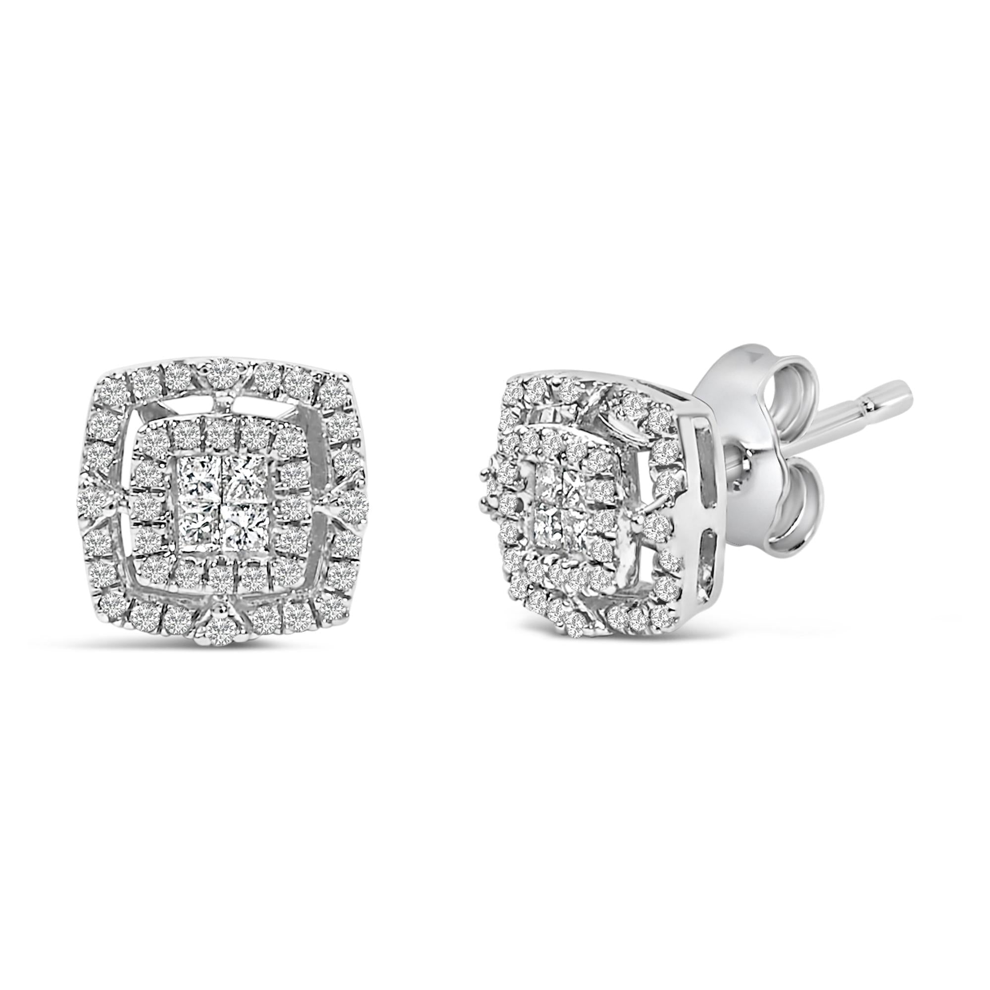 .925 Sterling Silver 1/4 Cttw Diamond Double Halo Cushion Shaped Stud Earrings