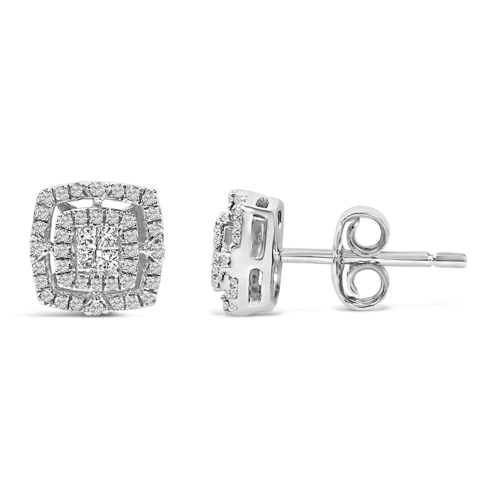 .925 Sterling Silver 1/4 Cttw Diamond Double Halo Cushion Shaped Stud Earrings