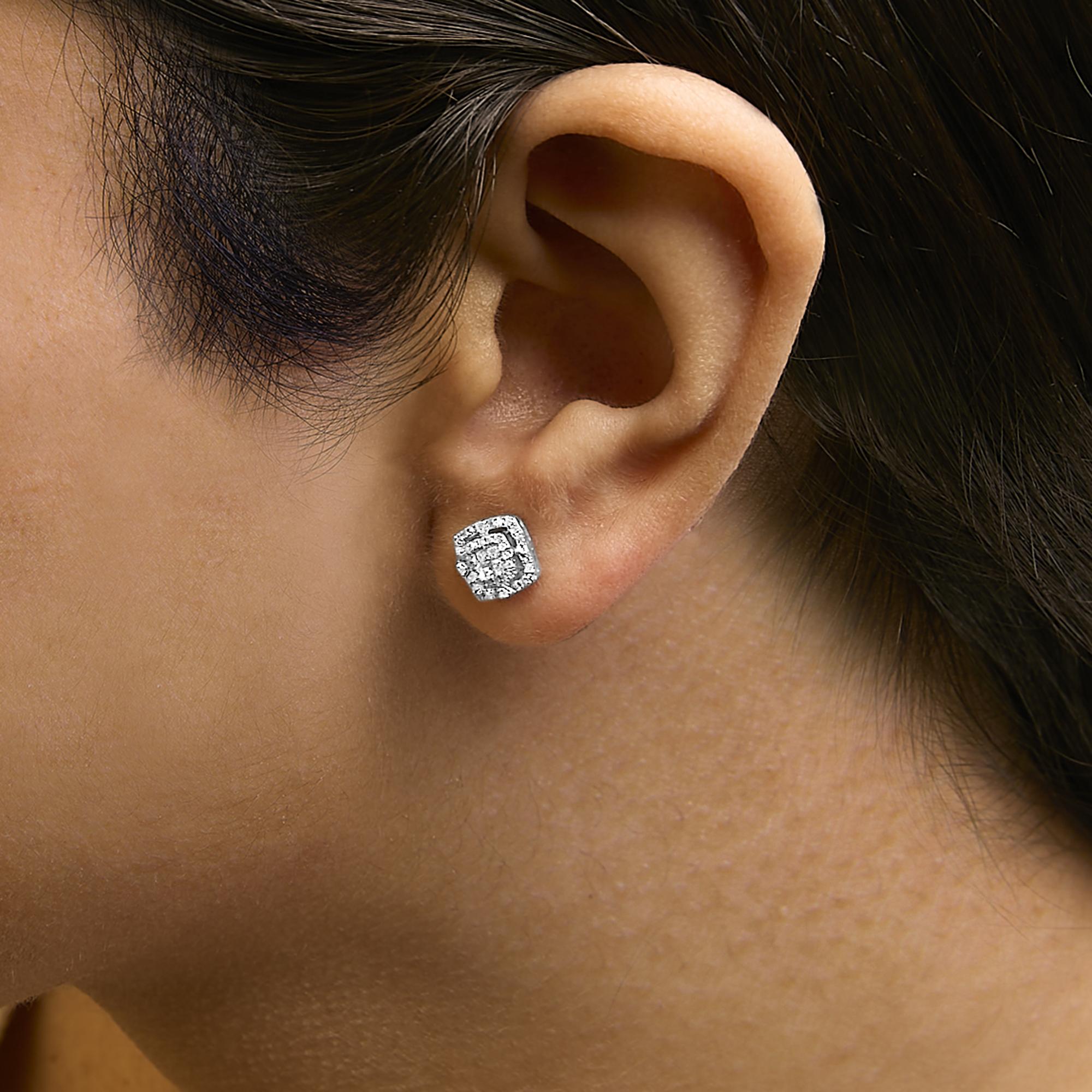 .925 Sterling Silver 1/4 Cttw Diamond Double Halo Cushion Shaped Stud Earrings