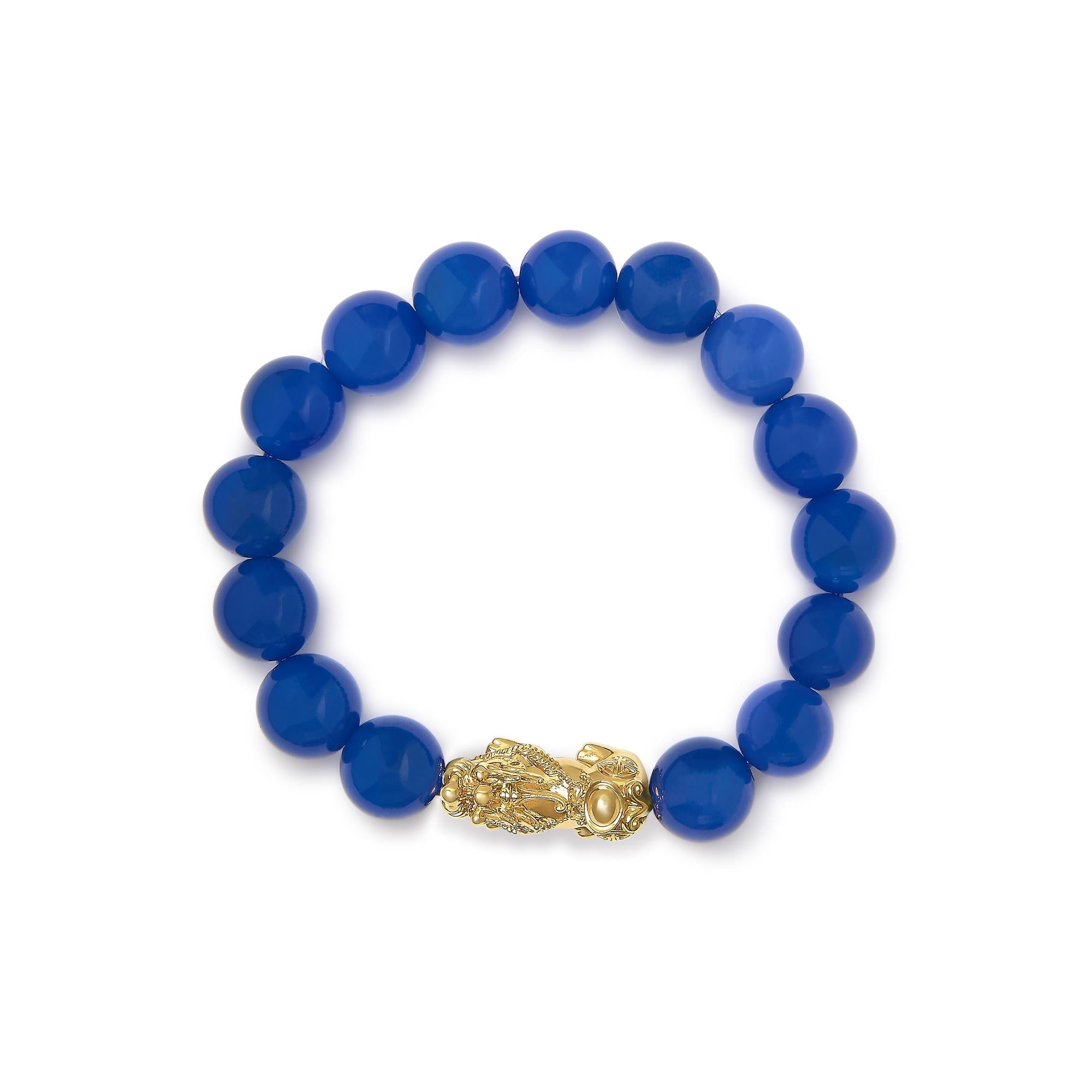 18K Yellow Gold Blue Agate Beaded Dragon Charm Bracelet