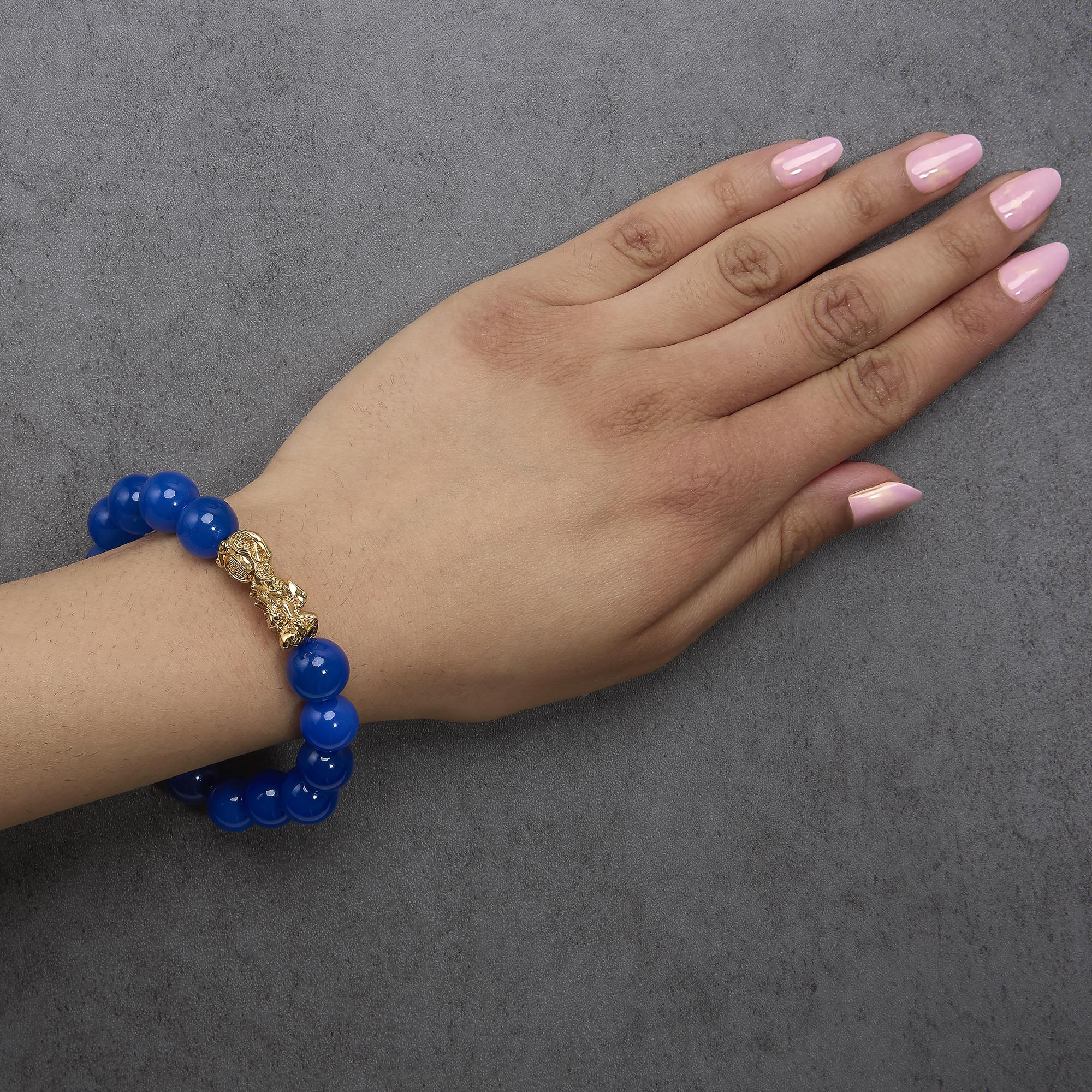 18K Yellow Gold Blue Agate Beaded Dragon Charm Bracelet