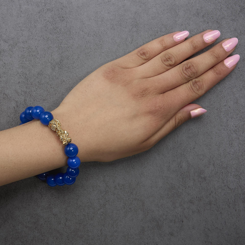 18K Yellow Gold Blue Agate Beaded Dragon Charm Bracelet